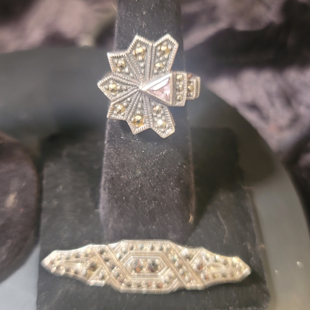 0514.Marcasite Set w/ Amythyst In Elegant 925 Silver Jewelry for Art Deco Lovers - Picture 3 of 15